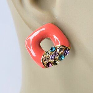 Coral Square Earrings With Colorful Crystals